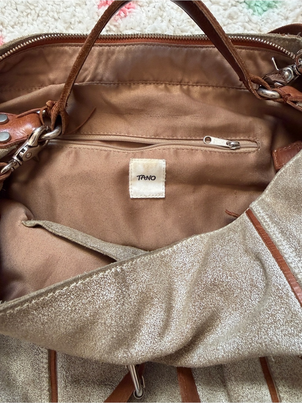 Tano Gold Shimmer Tote with Brown Leather Trim